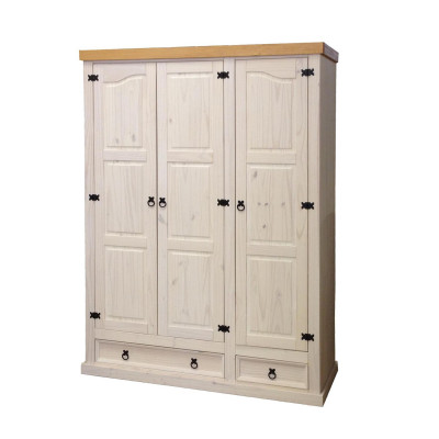 Šatní skříň CORONA 3D s policemi a zásuvkami. Masiv borovice bílý vosk