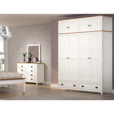 Šatní a policová skříň TOPAZIO 4D se zásuvkami. Masiv borovice, bílý/hnědý lak