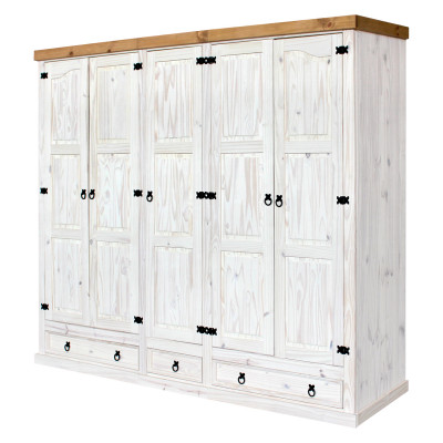 Šatní a policová skříň CORONA 5D. Masiv borovice bílý vosk