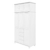 Šatní skříň KARIN 3D bílý lak – masiv borovice se zásuvkami a policemi