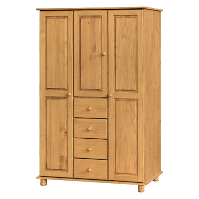 Šatní skříň KARIN 3D vosk – masiv borovice v medovém odstínu se zásuvkami a policemi