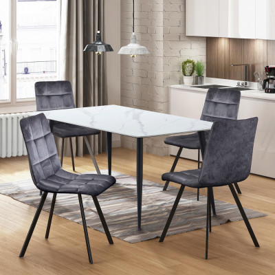 Jídelní set. Jídelní stůl ADRIA 140x80 se 4 jídelními židlemi BERGEN. Bílý mramor/šedý samet