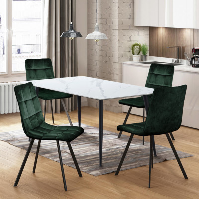 Jídelní set. Jídelní stůl ADRIA 140x80 se 4 jídelními židlemi BERGEN. Bílý mramor/zelený samet