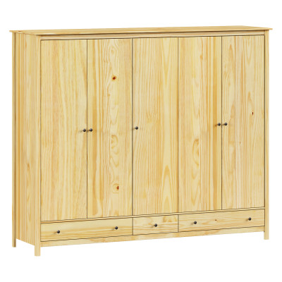 Šatní a policová skříň TORINO 5D se zásuvkami a kovovými úchytky. Masiv borovice lak