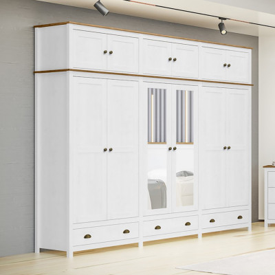 Zrcadlová šatní a policová skříň TOPAZIO 12D se zásuvkami. Masiv borovice bílý, hnědý lak