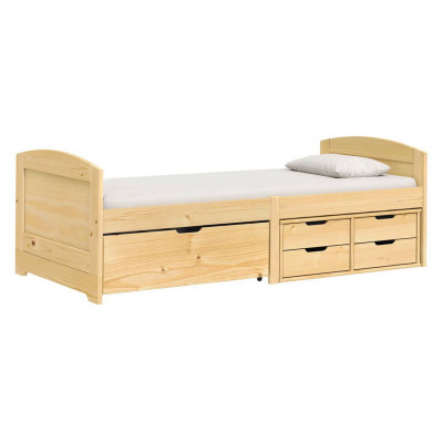 Jednolůžko MARY 90x200 masiv borovice lak – postel se zásuvkami a roštem