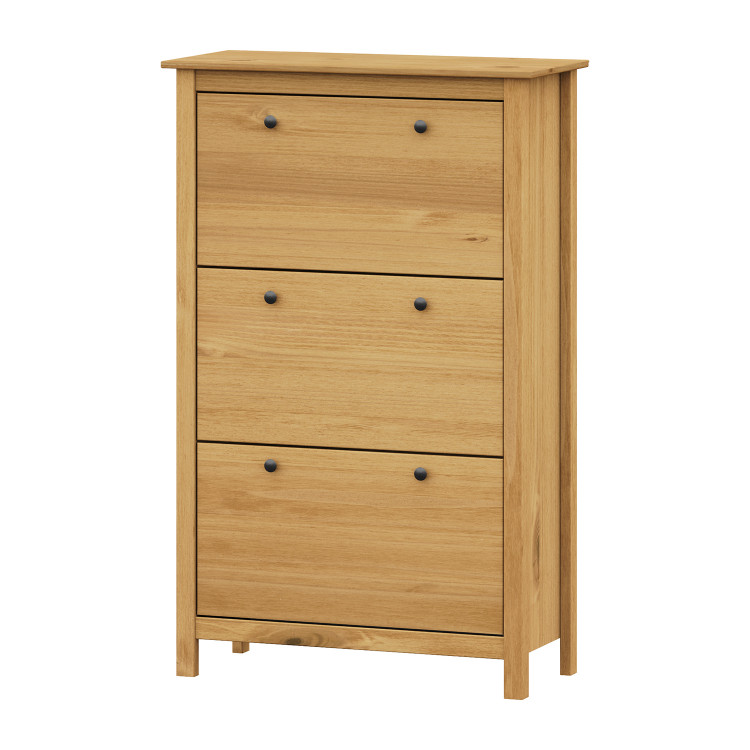 Výklopný botník TORINO vosk masiv borovice – 3 dvouřadé výklopy, kovové úchytky černěná mosaz