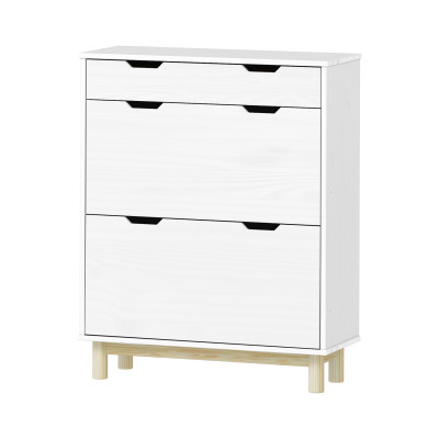 Výklopný botník BONITO bílý lak z masivu borovice – se zásuvkou a dvouřadými výklopy