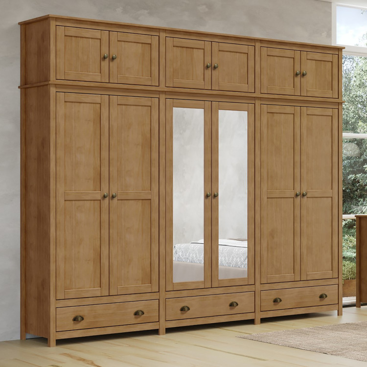 Šatní a policová skříň TOPAZIO 12D se zásiuvkami. Masiv borovice/dub