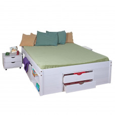 Multifunkční dvoulůžková postel 140x200 KLASA s nočními stolky, roštem a úložným prostorem. Masiv borovice bílý lak