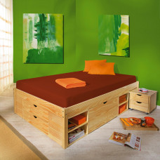 Multifunkční dvoulůžková postel 160x200 KLASA s nočními stolky, roštem a úložným prostorem. Masiv borovice lak