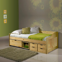 Jednolůžková postel 90x200 MAXIMA s úložným prostorem včetně roštu. Masiv borovice lak