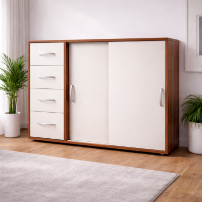 Zásuvková komoda PIA s policovou skříňkou. Ořech/bílá