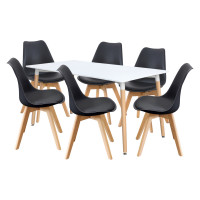 Jídelní set QUATRO – Jídelní stůl 160x90 se 6 jídelními židlemi. Bílá/černá/buk