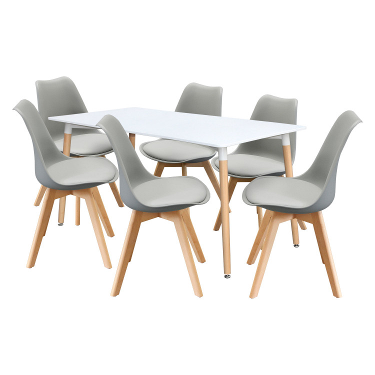 Jídelní set QUATRO – Jídelní stůl 160x90 se 6 jídelními židlemi. Bílá/šedá/buk