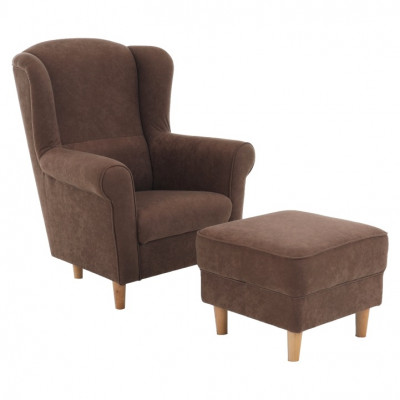 Křeslo ušák s taburetem ASTRID. Látka hnědá