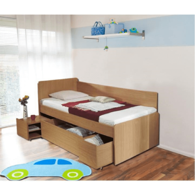 Postel OTO 90x200 s úložným prostorem a nočním stolkem. Buk