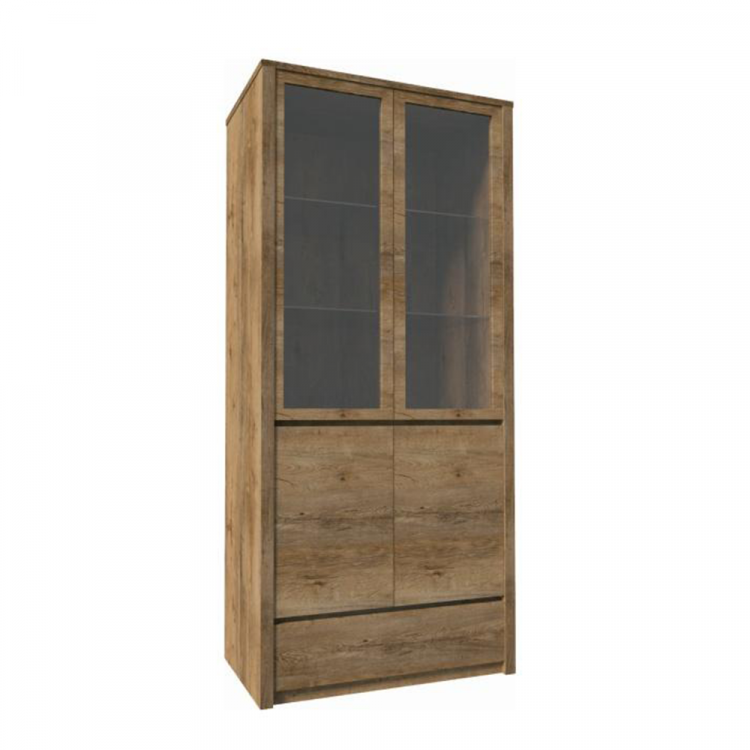 Vitrína MONTANA W2D dub lefkas tmavý – široká prosklená vitrína