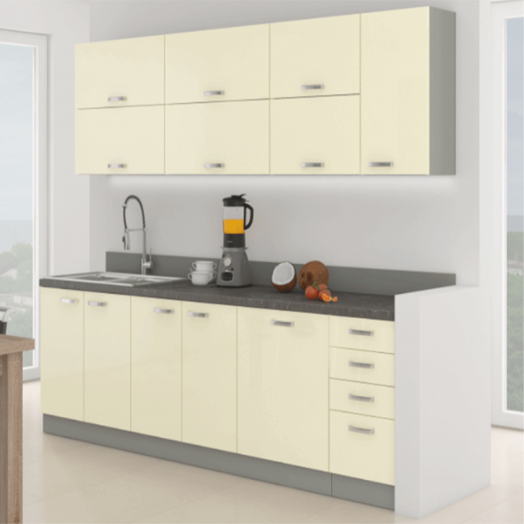 Kuchyňská linka PRADO. Krémová extra vysoký lesk / šedá