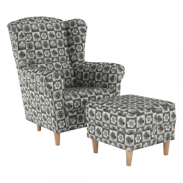 Křeslo ušák ASTRID s taburetem. Látka patchwork N1