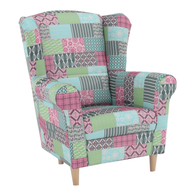 Křeslo ušák CHARLOT. Látka patchwork M1