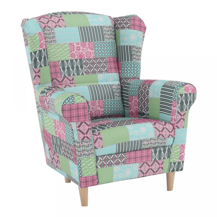 Křeslo ušák CHARLOT. Látka patchwork M1