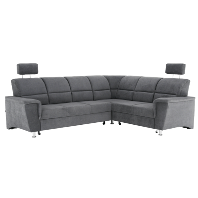 Rozkládací sedací souprava SANTIAGO P s polohovatelnými opěrkami hlavy a úložným prostorem. Šedá látka