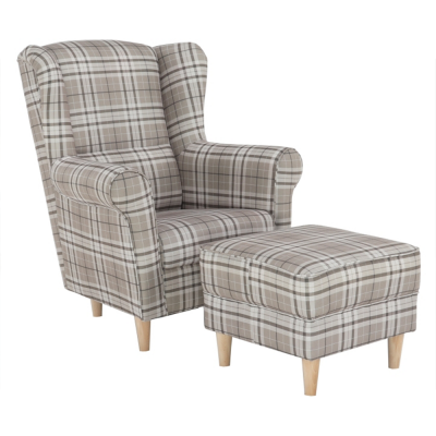 Křeslo ušák ASTRID s taburetem. Látka hnědé káro/buk