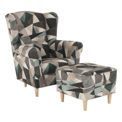 Křeslo ušák s taburetem ASTRID. Látka hnědozelená vzor