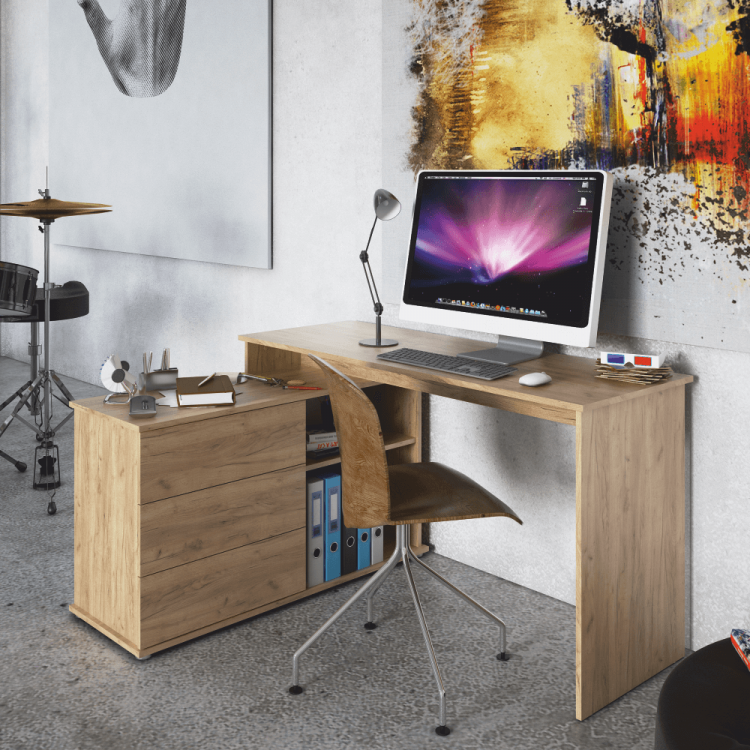Univerzální rohový PC stůl TERINO dub artisan – se 3 zásuvkami Univerzální rohový PC stůl TERINO dub artisan – se 3 zásuvkami