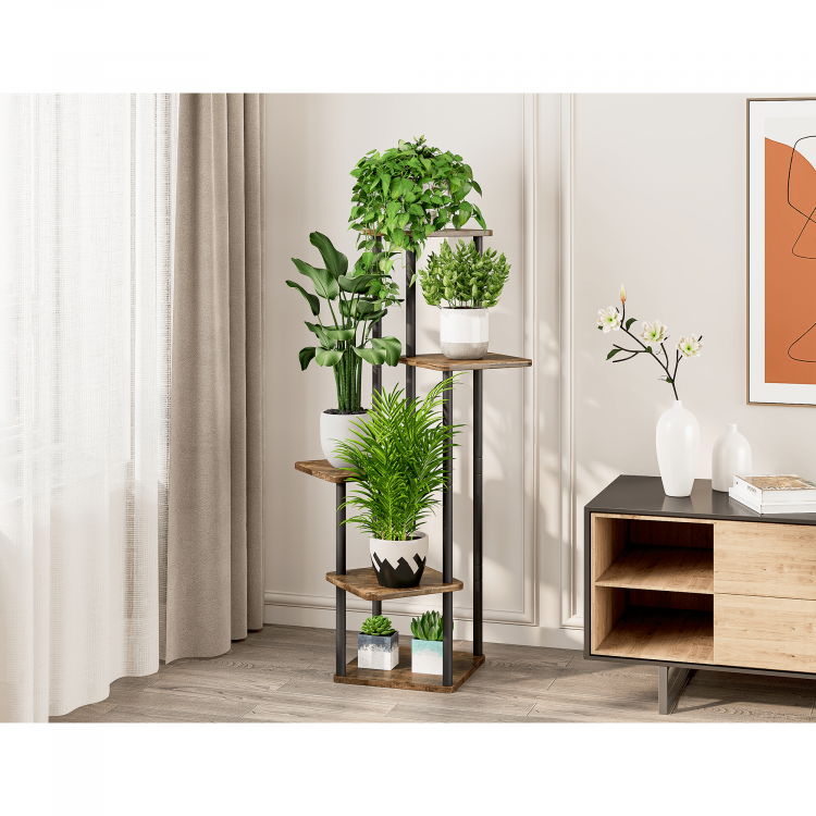 Kovový stojan na květiny ADITE. Černá/rustikální dřevo