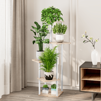 Vysoký kovový stojan na květiny ADITE. Bílá/dub sonoma