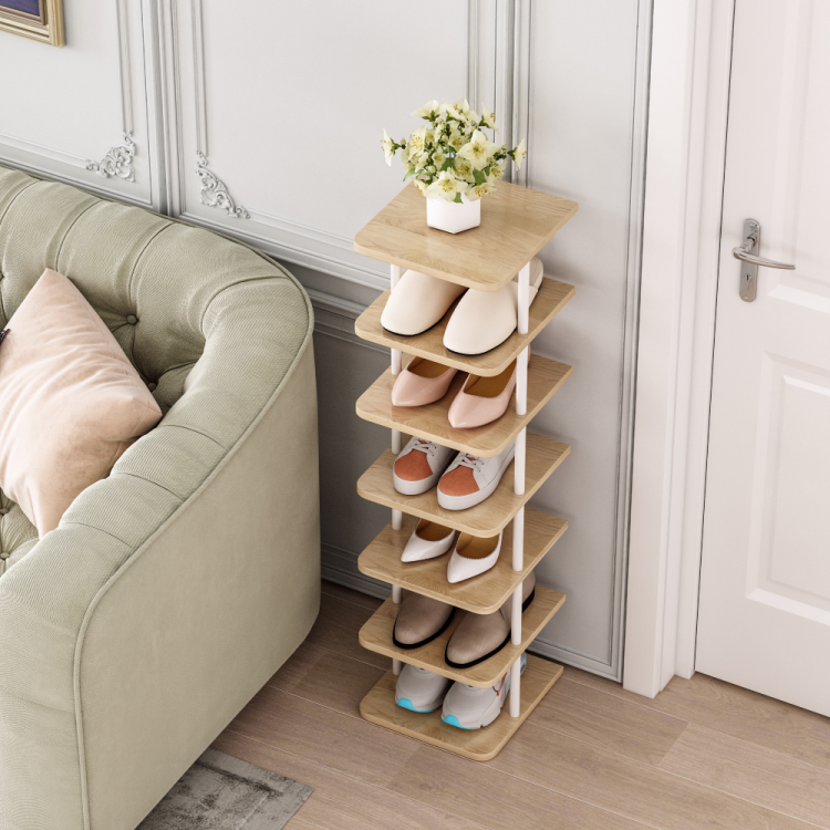 Úzký víceúčelový regál ETUDA. Bílá/světlý dub