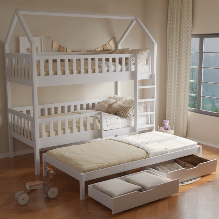 Montessori patrová postel VENITA s přistýlkou včetně roštu. Bílá