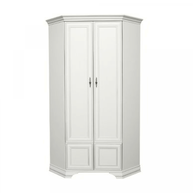 Rohová šatní a policová skříň KENTAK s výsuvným věšákem. Alpská bílá