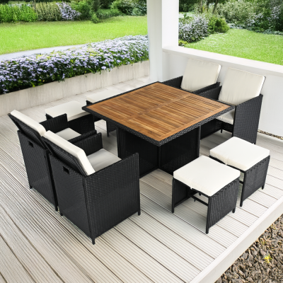 Zahradní ratanový set MELFORD. Akáciové dřevo, černá/krémová/přírodní