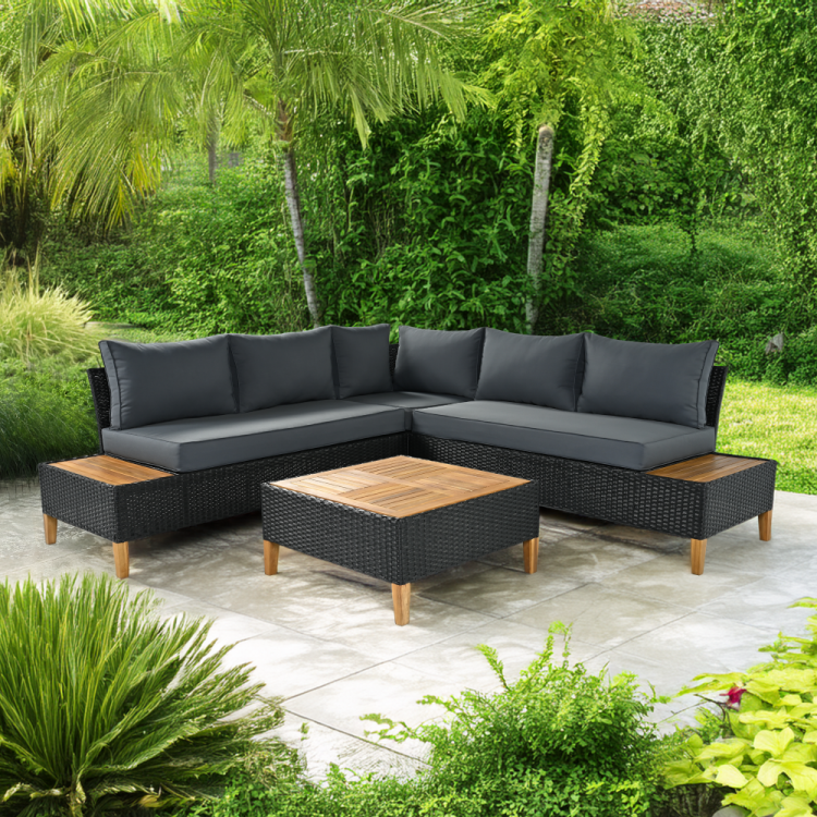 Zahradní ratanový set MALKOM z akáciového dřeva. Černá/šedá/přírodní