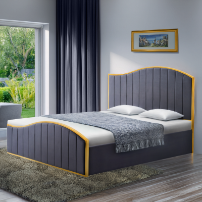 Manželská postel s roštem GEORGIA 180x200. Tmavě šedá Velvet látka/gold chrom zlatá