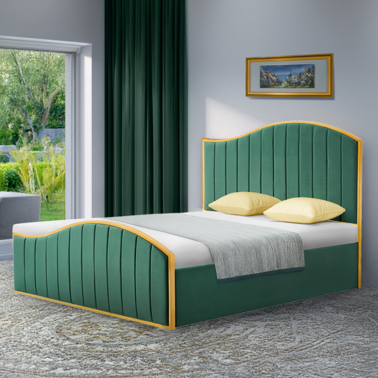 Postel GEORGIA 160x200 zelená Velvet se zlatými prvky – čalouněná postel s vysokým čelem