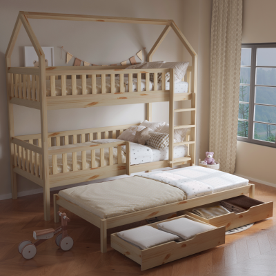 Montessori patrová postel VENITA 90x200 s přistýlkou. Přírodní