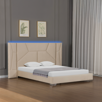 Postel ALTESA 160x200 béžová Velvet s LED osvětlením a roštem – čalouněná postel s vysokým čelem