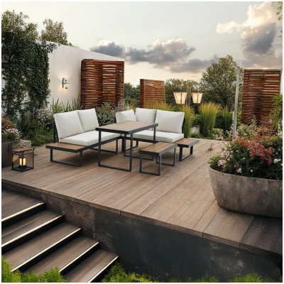 Zahradní set FLOJD černá/krém/dub – rohová modulární sestava s lavicí, stolem a polštáři