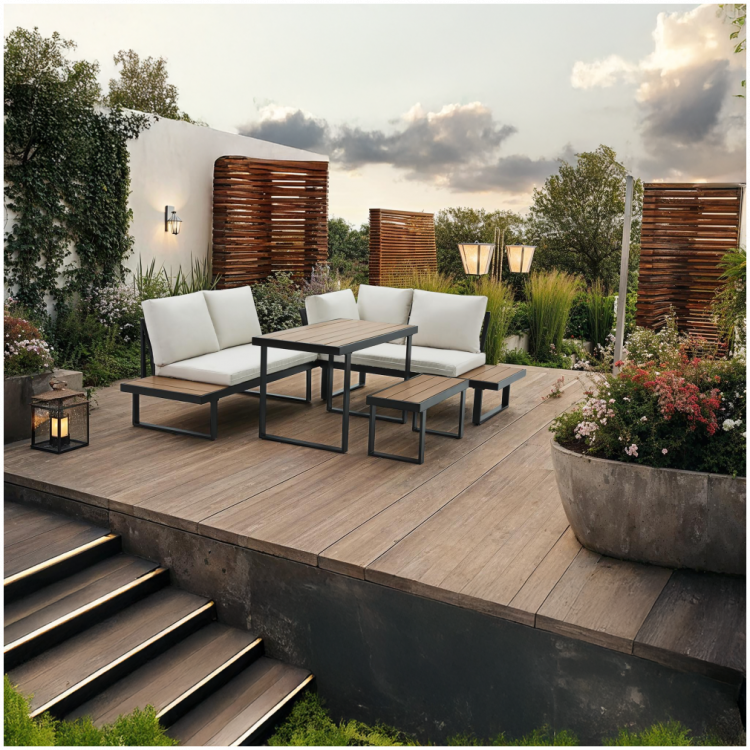 Zahradní set FLOJD černá/krém/dub – rohová modulární sestava s lavicí, stolem a polštáři