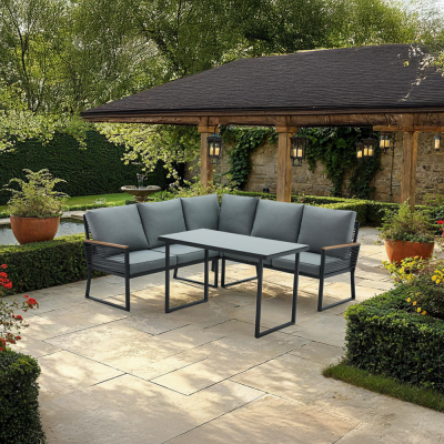 Zahradní set FARLY černá/šedá – rohová modulární sestava s akáciovým dřevem, stolem a polštáři