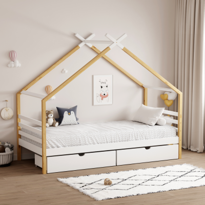 Montessori postel TARA 90x200 bílá/hnědá – domečková postel se zásuvkami