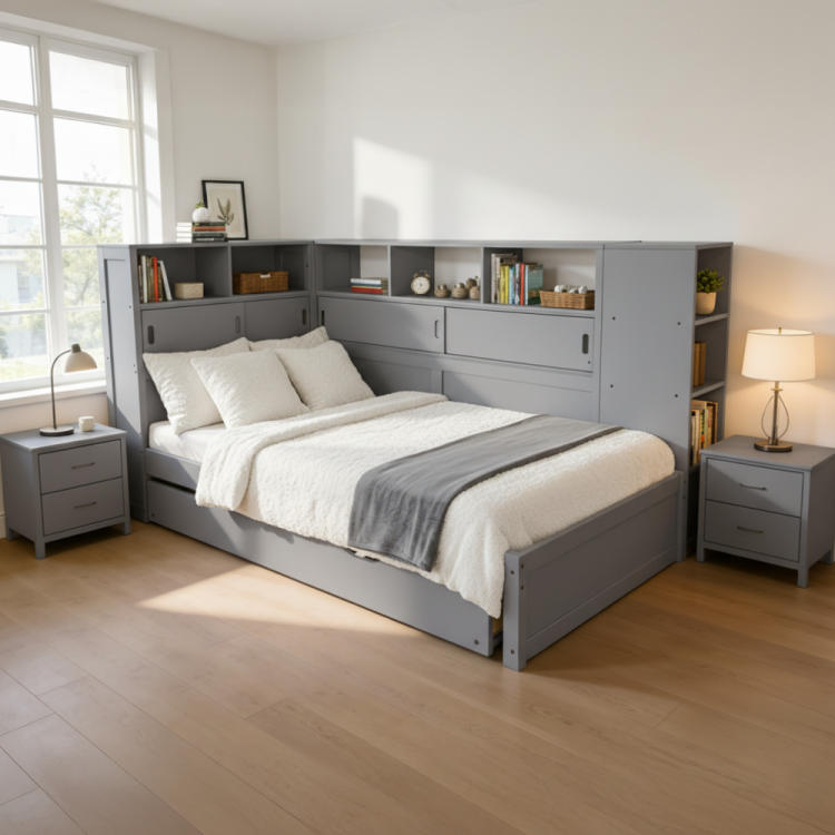 Postel LENDON 90x200 šedá s regály a přistýlkou – chytré řešení do malého prostoru
