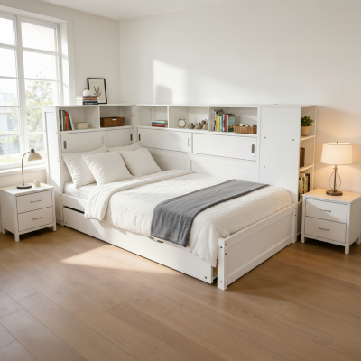 Postel LENDON 90x200 bílá s regály a přistýlkou – praktická postel s úložným prostorem
