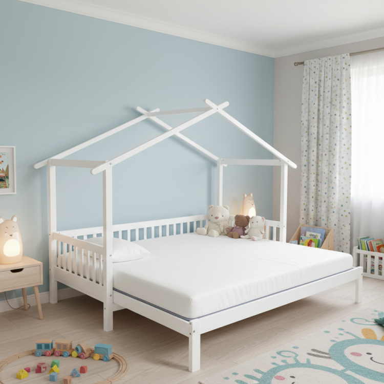 Montessori postel KESIO 90x200 bílá s přistýlkou – domečková postel pro děti