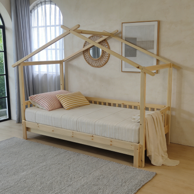 Montessori postel KESIO 90x200 přírodní s přistýlkou – domečková postel z masivu