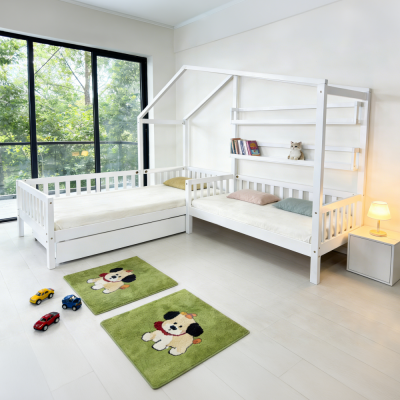 Dětská postel ENOLA 90x200 + 70x140 bílá – domečková rohová postel pro dvě děti